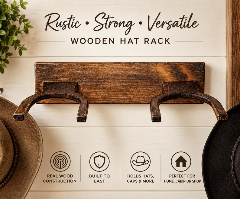 May include: A dark brown wooden hat rack with two curved hooks for storage. The text reads: Rustic Strong Versatile WOODEN HAT RACK, REAL WOOD CONSTRUCTION, BUILT TO LAST, HOLDS HATS, CAPS & MORE, PERFECT FOR HOME, CABIN OR SHOP.