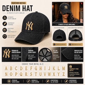 Op de afbeelding: Zwarte denim pet met een goudkleurig embleem. De pet heeft een 3D-geprint plastic embleem en is verstelbaar voor een comfortabele pasvorm. Lichtgewicht en duurzaam, perfect voor dagelijks gebruik en streetwear.