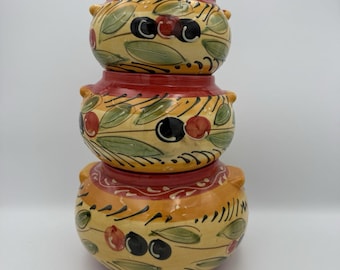 VTG Pier 1 Imports 3 Piece Stackable Canister Set Olives Pattern Handpainted