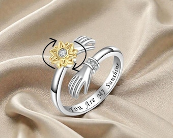 Adjustable Rotating Sunflower Silver Ring – Spinner Ring, Nature Jewelry, Embrace Hands Design, Simple Aesthetic