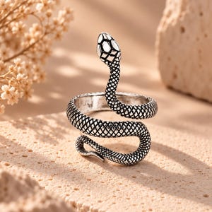 Può includere: Un anello in metallo color argento a forma di serpente avvolto. L'anello presenta un motivo testurizzato simile a squame su tutto il corpo del serpente, con una testa sollevata e una coda che si curva per formare la fascia del gioiello.