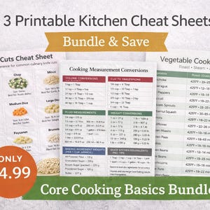 Pode incluir: Pacote de três folhas de dicas de cozinha imprimíveis. Inclui um guia de cortes de facas, conversões de medidas de cozinha e um guia de cozinha de vegetais. O pacote é rotulado como "Core Cooking Basics Bundle".