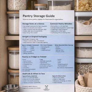 May include: A pantry storage guide with tips for storing dry goods, including storage rules, common mistakes, and shelf-life information. The guide is displayed in a wooden cabinet with various food items in clear containers.
