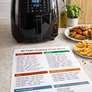 Puede incluir: Freidora de aire negra con pantalla digital que muestra 193°C y 15:00. Una hoja de trucos de cocina enumera los tiempos y temperaturas de cocción. Platos de comida cocinada y aceite están en el fondo.