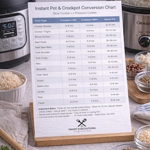 Può includere: Una tabella di conversione per la cottura in Instant Pot e Crockpot, esposta su un supporto di legno. La tabella elenca i tempi di cottura per vari alimenti come pollo e manzo. Sono visibili anche ciotole di ingredienti e un cucchiaio di legno.