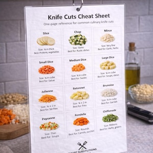 Puede incluir: Una guía de cocina de plástico transparente titulada "Knife Cuts Cheat Sheet" está suspendida de un armario. La guía proporciona una referencia de una página para los cortes de cuchillo culinarios comunes, incluyendo rebanada, picar, picar, dados pequeños, dados medianos, dados grandes, juliana, bastón, brunoise, paysanne, rondelle y chiffonade.