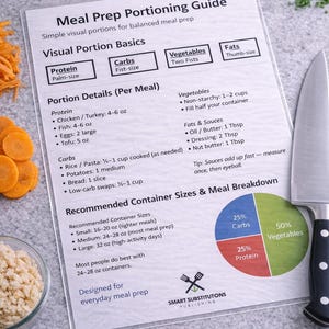 Pode incluir: Guia de porções para preparação de refeições com noções básicas visuais para refeições equilibradas. Inclui detalhes das porções para proteínas, carboidratos e vegetais. Um gráfico de pizza mostra a divisão da refeição: 25% carboidratos, 25% proteínas e 50% vegetais.