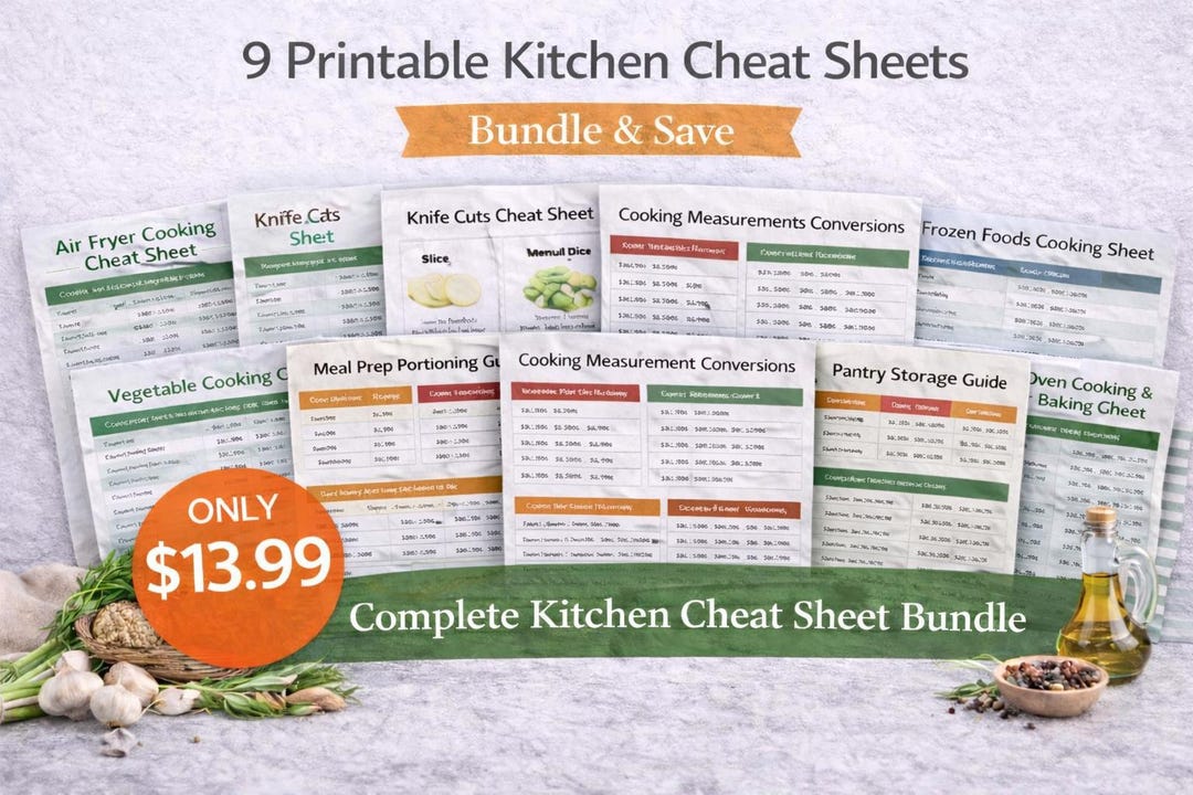 9 Printable Kitchen Cheat Sheets Bundle | Complete Cooking Reference ...