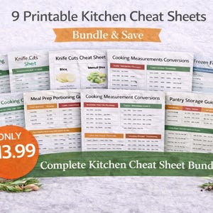 May include: A collection of nine printable kitchen cheat sheets, covering topics such as air fryer cooking, knife cuts, and cooking measurements. The bundle is marked "Bundle & Save". The text "Complete Kitchen Cheat Sheet Bundle" is also visible.