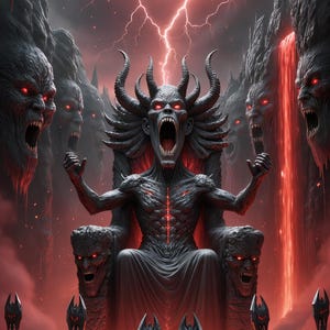 May include: A digital illustration depicting a demonic scene. A horned figure sits on a throne, surrounded by other demonic figures. The colour palette is dominated by red and black, with lightning and a fiery waterfall. The central figure is screaming.