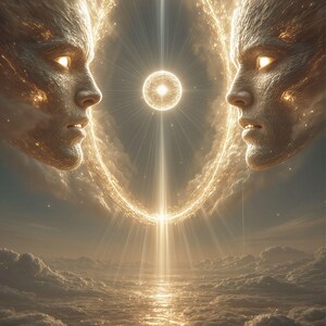 Può includere: Arte digitale raffigurante due volti eterei che fiancheggiano un campo energetico circolare e luminoso. Raggi di luce emanano da un globo centrale, illuminando un paesaggio celeste nuvoloso. L'immagine ha una calda tavolozza di colori dorati.