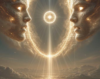 Celestial Faces Art Print – Ethereal Golden Halo, Cosmic Orb (Digital Download)