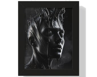 May include: Black framed art print featuring a grayscale portrait of a person with closed eyes. The artwork depicts liquid-like elements cascading over the subject's head and face, creating a dramatic and artistic effect. The frame is a simple, rectangular design.