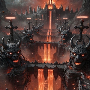May include: A digital illustration of a hellscape with a fiery sky and dark, ominous structures. The image features demonic figures, glowing lava waterfalls, and a fortress-like structure. The overall color palette is dominated by shades of red, orange, and black.