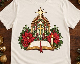 Christian Christmas Stained Glass Window PNG, Bible, Poinsettia, Candle (Digital Download)