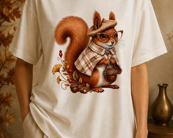 Fashionable Autumn Squirrel PNG, Glasses, Beret, Plaid Cape, Acorn Bag (Digital Download)