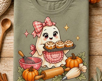 Baker Ghost Halloween PNG, Pink Gingham Cinnamon Rolls, Fall Baking Design (Digital Download)