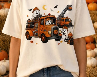 Halloween Ghost Firefighter PNG, Pumpkin Fire Truck, Spooky Autumn Design (Digital Download)