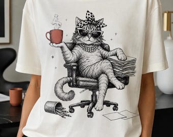 Boss Lady Cat PNG, Office Humor, Coffee, Sunglasses, Polka-Dot Scarf (Digital Download)