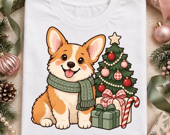 Christmas Corgi PNG, Festive Dog with Tree and Gifts (Digital Download)
