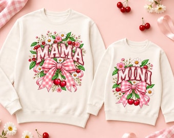 Mama and Mini Matching Shirt Bundle, Floral Cherry Coquette Bow Design (Digital Download)