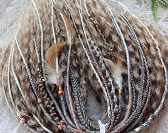 Krullende dreadlocks set | Bruine, beige en blonde DE dreadlocks | Boho festival kapsel | Decoratieve vlechten | Synthetische haarextensies voor een boho festival