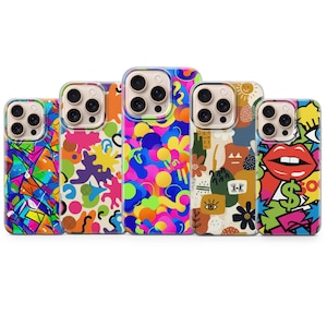 May include: Five colorful phone cases with unique abstract designs. The cases feature vibrant patterns of geometric shapes, splatters, and illustrations in a variety of colors including pink, blue, orange, and green. Each case has a clear border.
