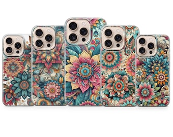 Boho Blumen Handyhülle - Vintage Mandala Floral - iPhone 17 16 15 14 - Samsung S25 S24 - Pixel 10 9 - Buntes Retro Hippie Kunst Case