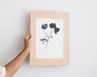 Gold leaves minimalist simple landscape botanical drawing art print, black and white watercolor with gold foil details