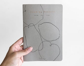 Secrets de cuisine, héritage - famille - carnet de recettes fait main, illustration minimaliste de fruits gris et cuivre