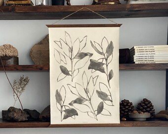 Black and white raw canvas botanical two leaves  original art, wall hanging illustration poster, wooden frame watercolor painting