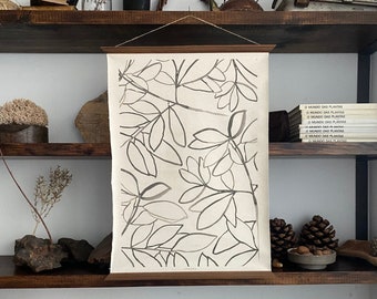 Black and white raw canvas leaves botanical painting wall hanging poster