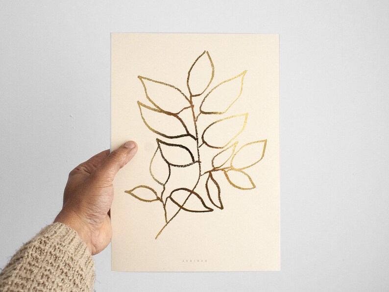 Golden Spring Arbutus gold foil art print, nature inspired botanical art, original plant leaf illustration wall decor image 2