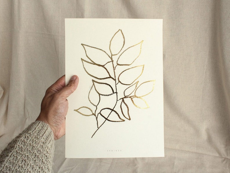 Golden Spring Arbutus gold foil art print, nature inspired botanical art, original plant leaf illustration wall decor image 1