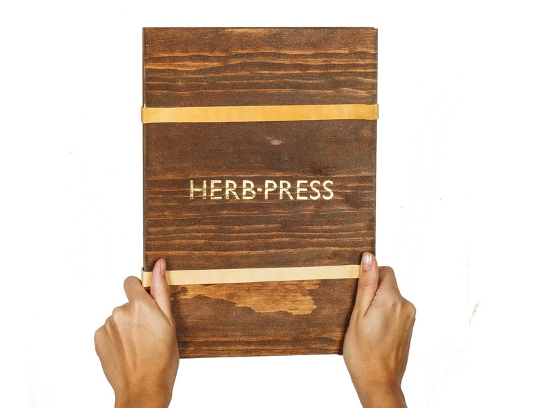 Herb Press botanical plants, leaves and flowers nature herbarium dry, press and storage antique aged wood and letterpress gold foil image 3