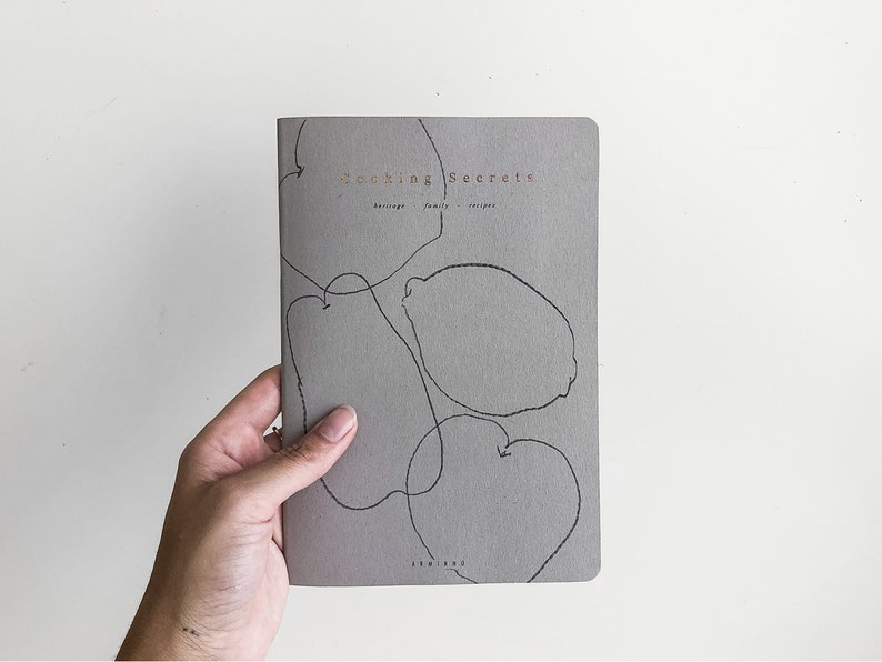 Cooking Secrets, heritage family recipe handmade notebook, minimalist grey and copper foil fruit illustration image 8