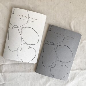 Cooking Secrets, heritage family recipe handmade notebook, minimalist grey and copper foil fruit illustration sand
