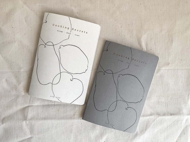 Cooking Secrets, heritage family recipe handmade notebook, minimalist grey and copper foil fruit illustration sand