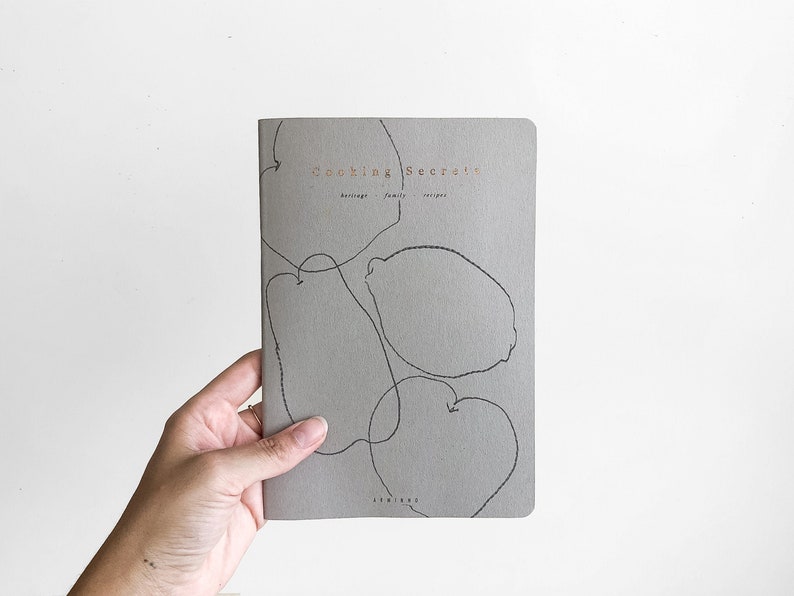 Cooking Secrets, heritage family recipe handmade notebook, minimalist grey and copper foil fruit illustration grey