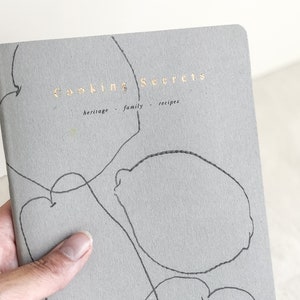 Cooking Secrets, heritage family recipe handmade notebook, minimalist grey and copper foil fruit illustration image 6