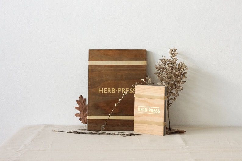 Herb Press botanical plants, leaves and flowers nature herbarium dry, press and storage antique aged wood and letterpress gold foil image 2