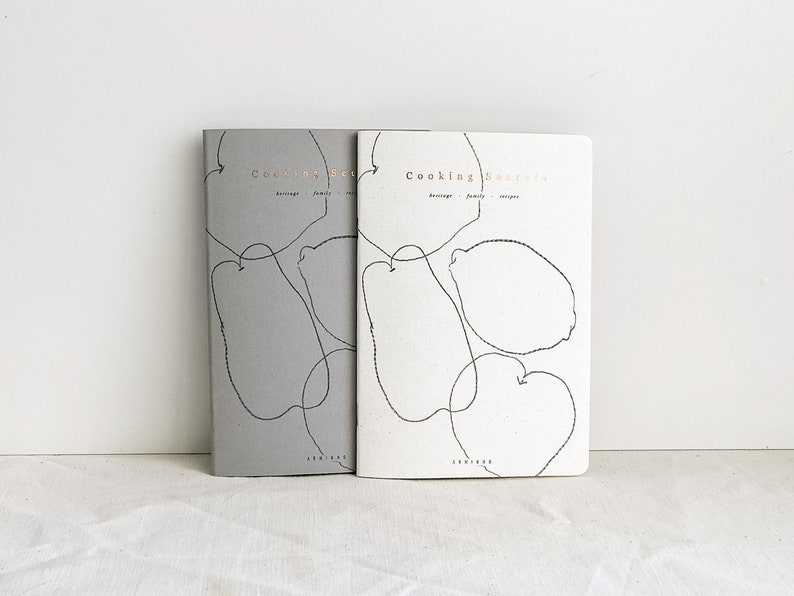 Cooking Secrets, heritage family recipe handmade notebook, minimalist grey and copper foil fruit illustration image 2