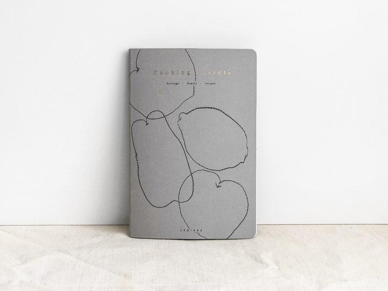 Cooking Secrets, heritage family recipe handmade notebook, minimalist grey and copper foil fruit illustration image 3
