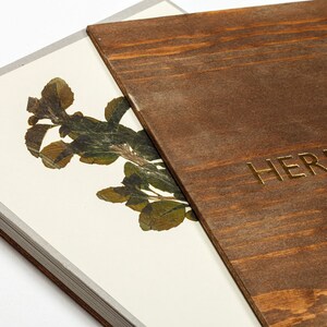 Herb Press botanical plants, leaves and flowers nature herbarium dry, press and storage antique aged wood and letterpress gold foil image 6