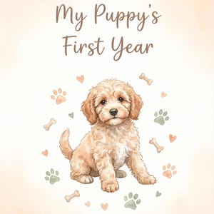 May include: A watercolor illustration of a light brown puppy sitting with the text "My Puppy's First Year". The image includes paw prints, hearts, and bone shapes in soft colors.
