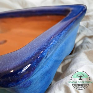 May include: A rectangular bonsai pot with a glossy, two-tone blue glaze. The interior is a warm orange-brown. The pot's rim has a darker blue hue, creating a gradient effect. The pot is designed for bonsai trees.