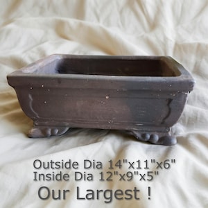 May include: A rectangular, dark brown bonsai pot with decorative feet. The outside dimensions are 14"x11"x6", and the inside dimensions are 12"x9"x5". The text "Our Largest !" is displayed below the pot.