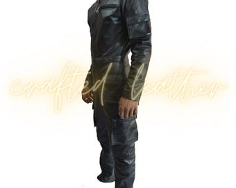 Men’s Black Sheepskin Leather Jumpsuit – Slim Fit  One Piece Outfit with Zipper Pockets
