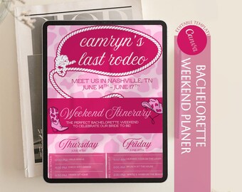 Last Rodeo Bachelorette Itinerary Template | Pink Cowgirl Bach Weekend Canva Template