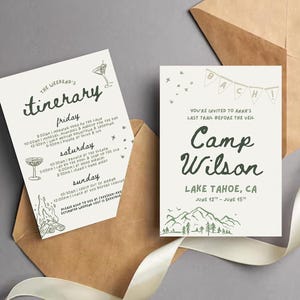 May include: Two invitation cards with green text on a cream background. One card reads "The Weekend's Itinerary" with a list of activities. The other card says "Camp Wilson, Lake Tahoe, CA" with a mountain graphic.